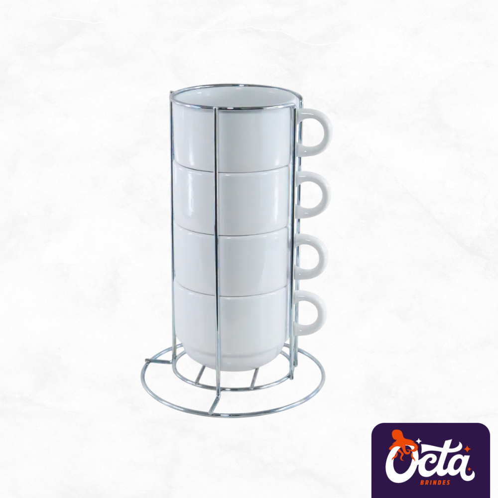 Kit 4 Xícaras 200ml Lisas 4x1 Com Suporte Metálico Kit 4 Xícaras 200ml Lisas 4x1 Com Suporte Metálico